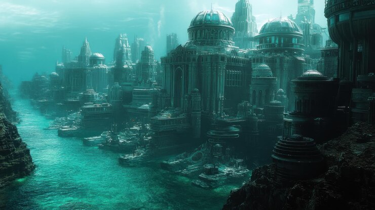Foto uma cidade futurista com estruturas altas e um canal sinuoso submerso sob um mar turquesa com uma atmosfera etérea nebulosa