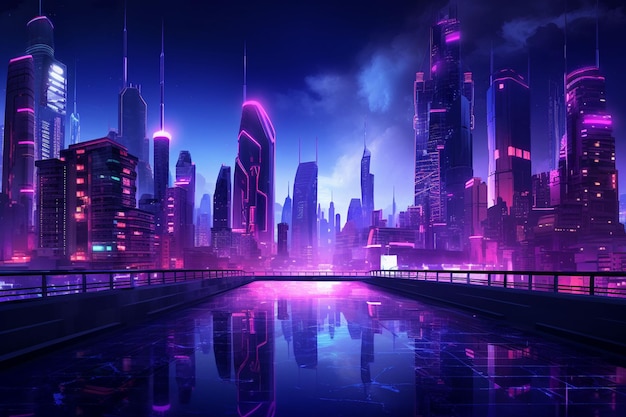 uma cidade futurista com luzes de néon e edifícios