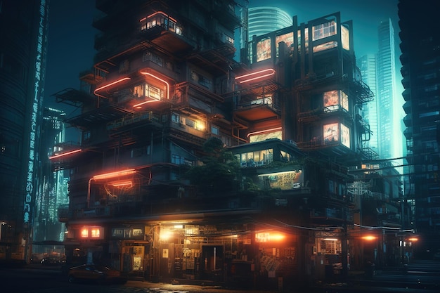 Uma cidade futurista com muitas luzes