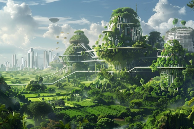 Uma cidade futurista com muitos edifícios e espaços verdes