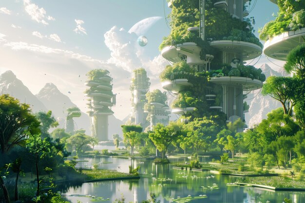 Uma cidade futurista com muitos edifícios e espaços verdes