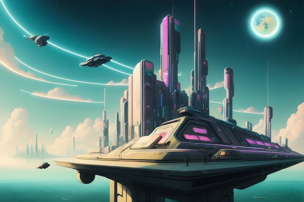 Uma cidade futurista com um planeta ao fundo