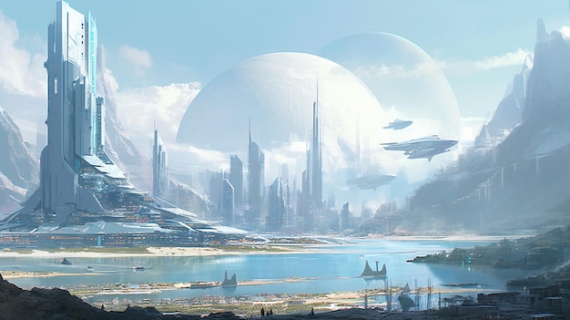 Uma cidade futurista com um planeta ao fundo