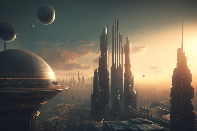 Uma cidade futurista com um planeta no meio de obras de arte geradas por IA