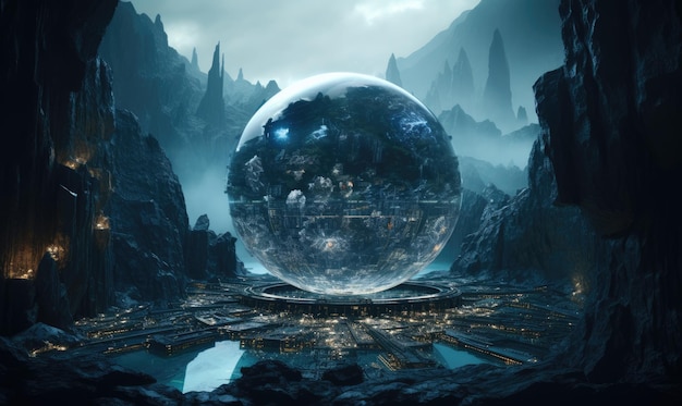Uma cidade futurista com uma bola de cristal gigante no meio