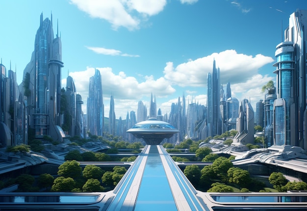 Uma cidade futurista com uma cidade futurista ao fundo.