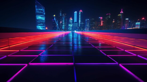 Uma cidade futurista com uma grade de neon