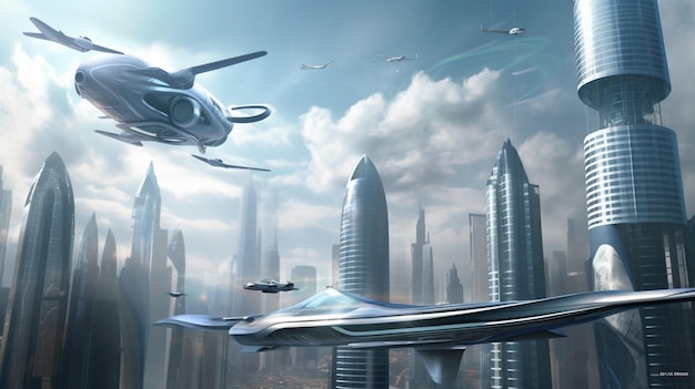 Uma cidade futurista com uma nave espacial no céu