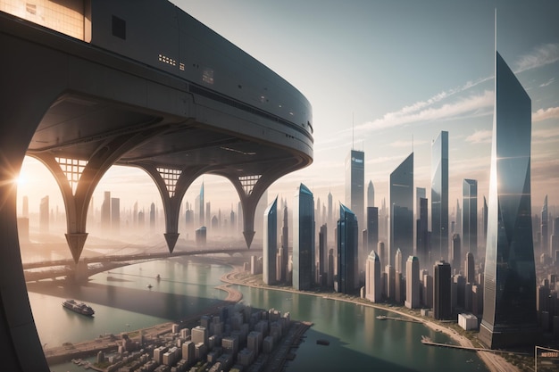 Uma cidade futurista com uma ponte