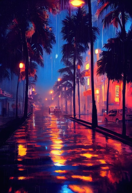 Uma cidade futurista de neon Uma rua chuvosa com palmeiras