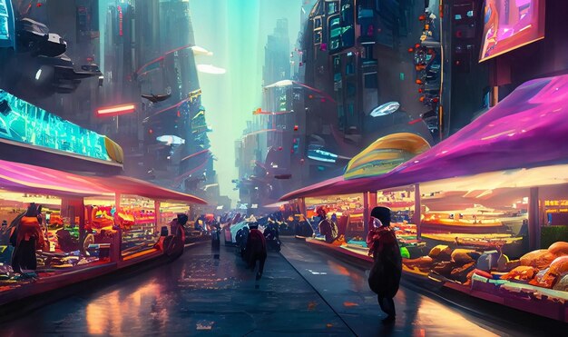 Foto uma cidade futurista iluminada por luzes vibrantes pinta uma visão deslumbrante em tecnicolor