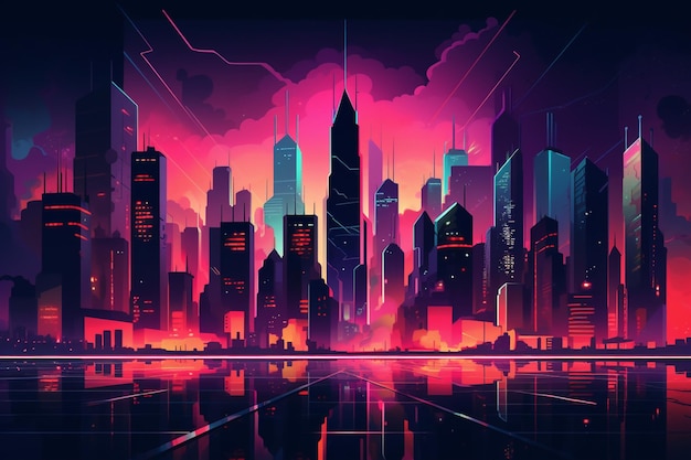 Uma cidade futurística com uma luz neon e uma paisagem urbana.