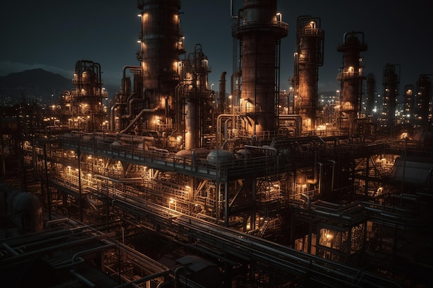 Uma cidade industrial escura com uma grande fábrica e as luzes acesas.