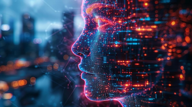 Uma cidade inteligente futurista em uma cabeça de mulher equipada com comunicações de internet AI IOT e arranha-céus em uma renderização 3D com inteligência artificial IOT e comunicações de Internet