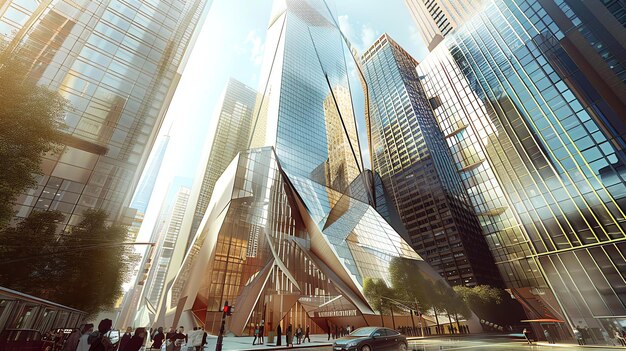 Foto uma cidade moderna com arranha-céus de vidro e aço que refletem a luz solar