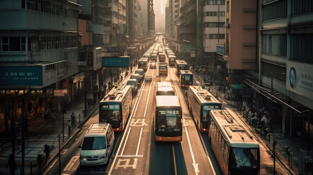 Uma cidade movimentada com prédios altos e tráfego gerado por IA