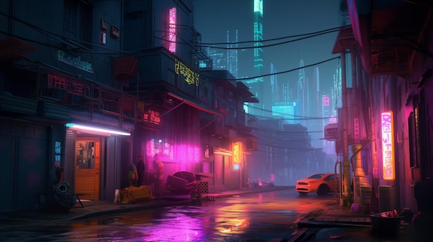 Uma cidade na chuva com luzes neon