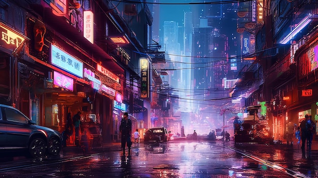Uma cidade na chuva com sinais de néon