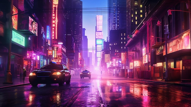 Uma cidade na chuva com sinais de néon