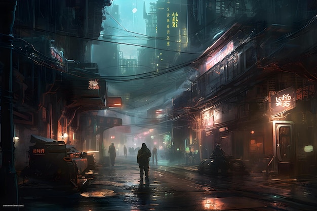 Uma cidade na chuva com um homem parado na frente dela.