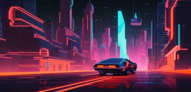 Uma cidade neon com um carro na estrada.