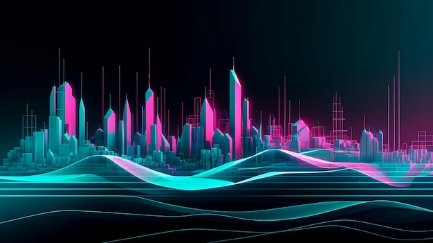 Uma cidade neon com uma cidade ao fundo