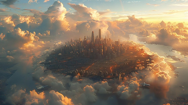 uma cidade no céu com nuvens e uma cidade no fundo