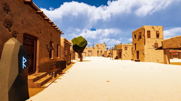 Uma cidade no deserto com prédios antigos em renderização 3d de baixo poli