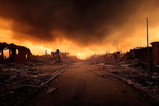 Uma cidade pós-apocalíptica em ruínas. Edifícios destruídos, veículos queimados e estradas arruinadas.