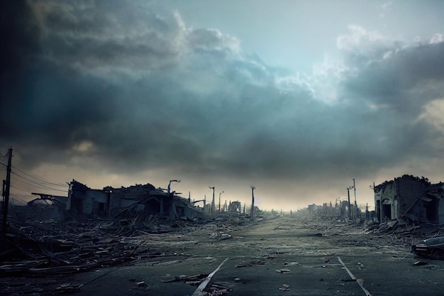 Uma cidade pós-apocalíptica em ruínas. Edifícios destruídos, veículos queimados e estradas arruinadas.