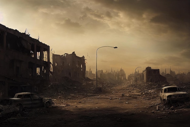 Uma cidade pós-apocalíptica em ruínas. Edifícios destruídos, veículos queimados e estradas arruinadas.