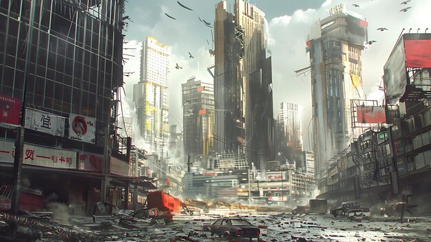Uma cidade pós-apocalíptica em ruínas, os edifícios destruídos e as ruas cheias de escombros.