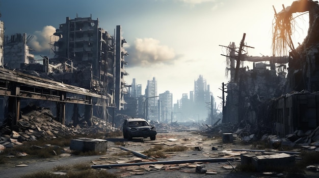 Uma cidade post-apocalíptica em ruínas edifícios destruídos veículos queimados e estradas arruinadas
