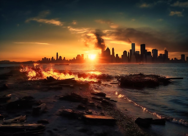 Uma cidade queimando em frente a um oceano