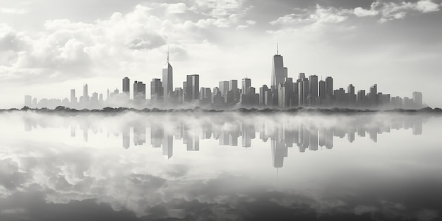 uma cidade refletida na água com o reflexo do horizonte na água.