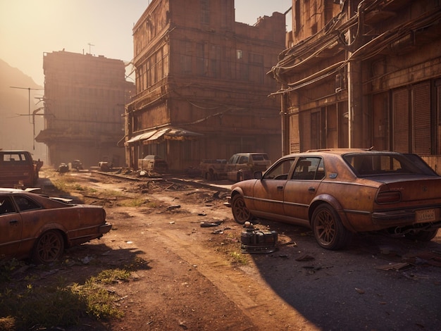 Uma cidade suja, suja, abandonada com um carro estacionado no meio dela.