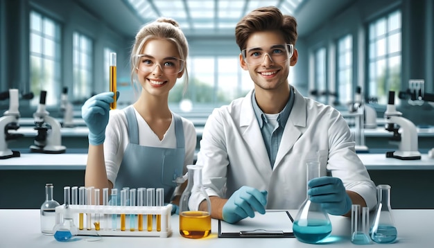 Foto uma cientista feminina e um cientista masculino em um laboratório realizando experimentos com líquidos coloridos em frascos surr