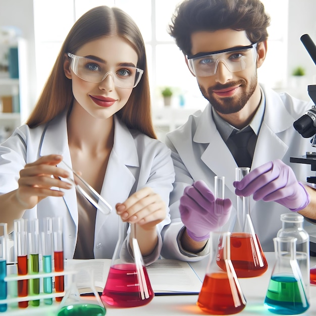 Foto uma cientista feminina e um cientista masculino em um laboratório realizando experimentos com líquidos coloridos em frascos surr