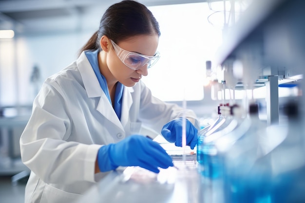 Uma cientista feminina trabalhando em um tubo de vidro em um laboratório