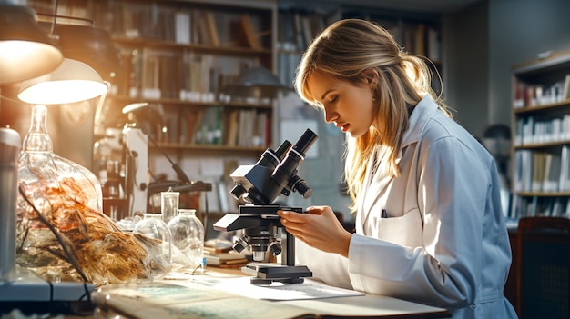 Uma cientista feminina usando microscópio em laboratório