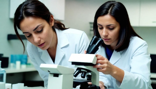 uma cientista mulher olhando através de um microscópio com um fundo azul