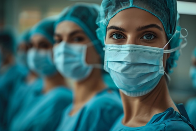Uma cirurgiã confiante se destaca com um olhar determinado entre sua equipe cirúrgica.