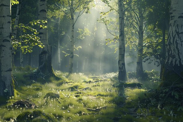 Uma clara floresta serena com a luz do sol fluindo através