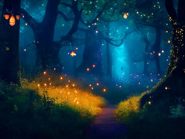 Uma clareira de floresta mágica com vaga-lumes brilhantes criaturas caprichosas 3d imagem gratuita baixada