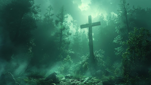 Uma clareira de floresta nebulosa com papel de parede cercado por uma cruz