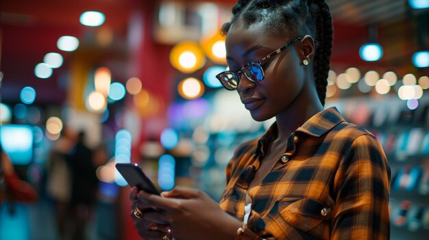 Foto uma cliente comparando as características de diferentes smartphones em uma loja de eletrônicos