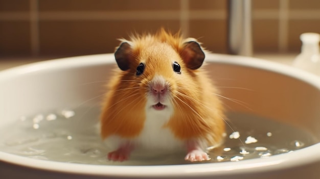 Uma cobaia ou hamster fofo e sute toma banho cheio de espuma um hamster kawaii com fofinho