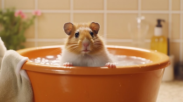 Uma cobaia ou hamster fofo e sute toma banho cheio de espuma um hamster kawaii com fofinho