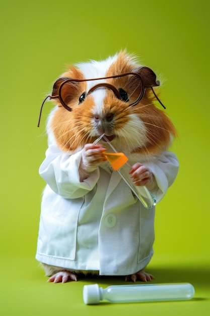 Foto uma cobaixa vestida como um cientista vestindo um casaco de laboratório e segurando um tubo de ensaio de pé i