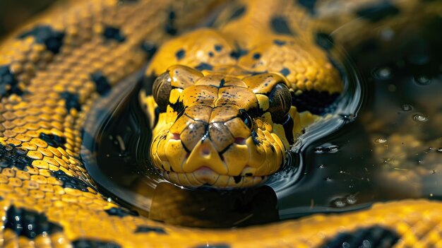 Foto uma cobra amarela é vista numa poça